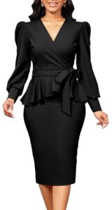 Dresses for Women Elegant Long Sleeves Ruffles Pencil Knee Length Split Business Dress with Belt Zippe
