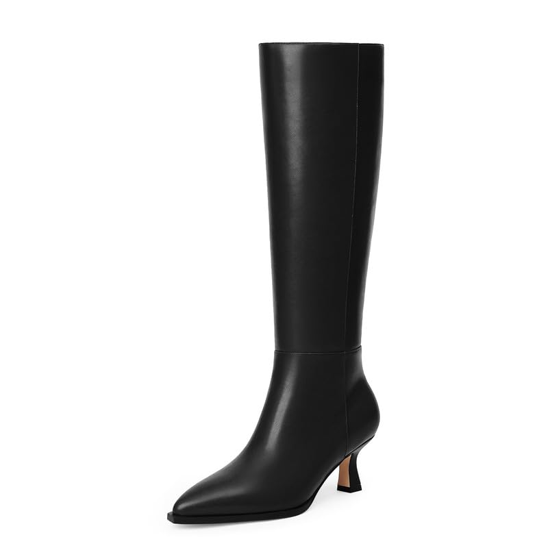 Modatope Knee High Boots Kitten Low Heel Faux Leather Pointed Toe Side Zipper Fall Long Tall Boots for Wome