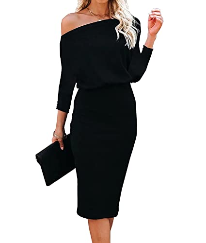 Ezbelle Women's Off The Shoulder 3/4 Sleeve Batwing HIPS-Wrap Pencil Party Sexy Bodycon Midi Dress Loose