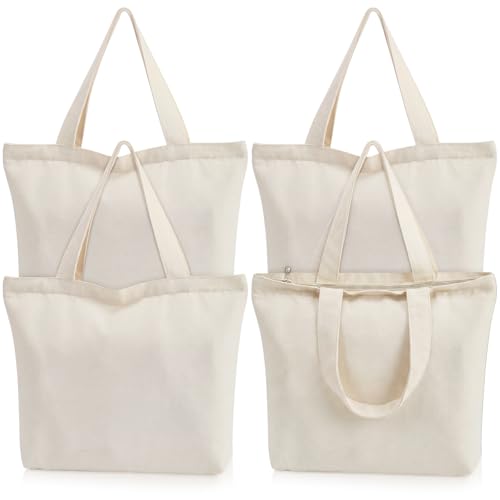 Epakh Canvas Tote Bag with Zipper - Bulk Reusable Large Blank Cotton Grocery Shopping Tote for Women Men DIY Crafting