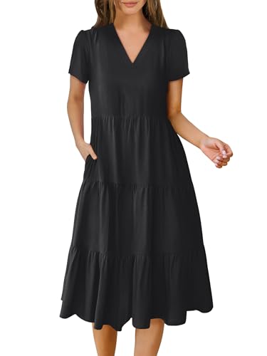ANRABESS Women's Summer Casual Short Sleeve V Neck Midi Dresses 2026 Spring Flowy A-line Tiered T Shirts Boho Beach Dress