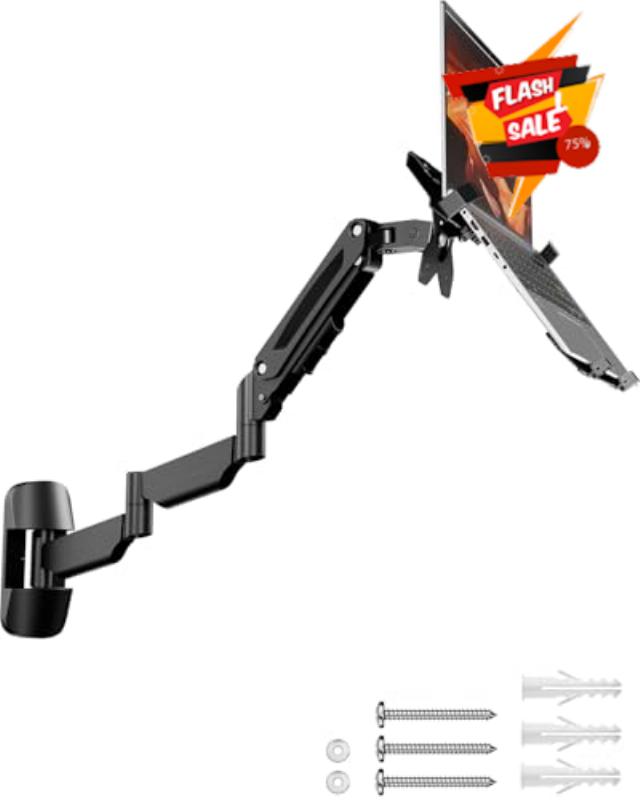 PUTORSEN Extra Long 2-in-1 Laptop Wall Mount with Detachable Tray - 30.28'' Long Gas Spring Adjustable Arm for 12''-17'' Laptops & 13''-32'' Monitors