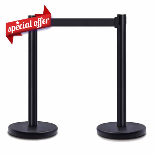 DuraSteel Black Crowd Control Barriers Stanchions with Retractable Belts - Metal Stanchion Posts w/ 6.5ft Black Retractable Barrier Belt Ropes - Queue VIP Safety Line Dividers - Set of 2 Stantions