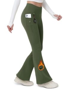 MAGCOMSEN Women's Fleece Lined Flare Leggings Waterproof Insulated Winter Pants Warm Snow Yoga Hiking Bootcut 3 Pcokets