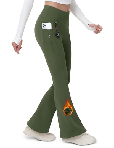 MAGCOMSEN Women's Fleece Lined Flare Leggings Waterproof Insulated Winter Pants Warm Snow Yoga Hiking Bootcut 3 Pcokets