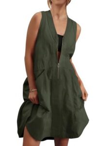 Fisoew Women's Sleeveless Tank Mini Dress Casual Half Zip V Neck Loose Mesh Back Utility Summer Dresses with Pockets