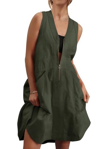 Fisoew Women's Sleeveless Tank Mini Dress Casual Half Zip V Neck Loose Mesh Back Utility Summer Dresses with Pockets