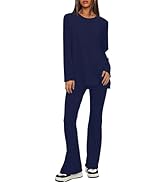 Darong Women 2 Piece Set Fall Outfit Cross Waist Flare Pants Long Sleeve Tunic Top Matching Loung...