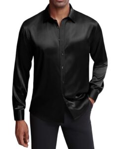 J.VER Men's Silk Satin Long Sleeve Dress Shirts Shiny Casual Button Down Shirt Luxury Party Prom Shirts