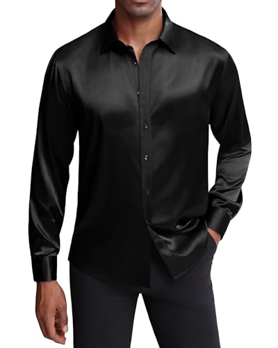 J.VER Men's Silk Satin Long Sleeve Dress Shirts Shiny Casual Button Down Shirt Luxury Party Prom Shirts