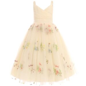 OBEEII Flower Girl Dress for Wedding Pleated V Neck Satin Tulle Princess Dress Junior Bridesmaids Pageant Formal Ball Gow