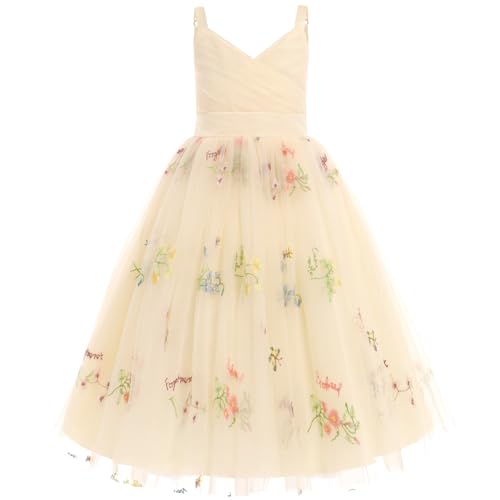 OBEEII Flower Girl Dress for Wedding Pleated V Neck Satin Tulle Princess Dress Junior Bridesmaids Pageant Formal Ball Gow