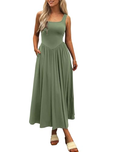 Mieazom Women's Summer Maxi Dress 2026 - Sleeveless Square Neck Casual Beach Sundress with Pockets