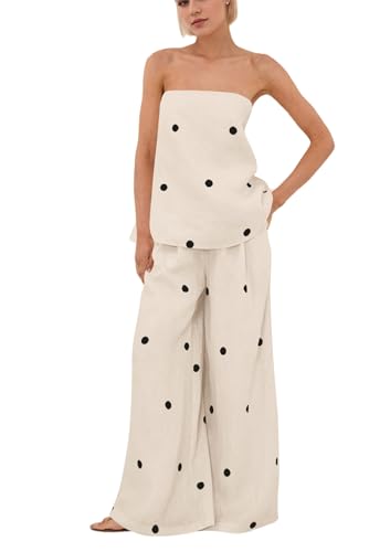 calbatic Women Polka Dot 2 Piece Outfits Spot Strapless Tube Top High Waist Wide Leg Pants Casual Lounge Se