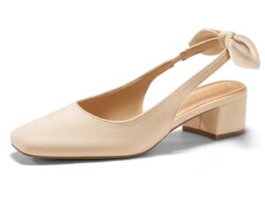Coutgo Womens Chunky Low Heels Bow Slingback Pumps Closed Square Toe Wedding Party Dress Shoes