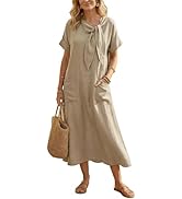 HangNiFang Women Summer Tie Neck Maxi Dress Short Sleeve Bow Tie Front Long Dress with Pockets
