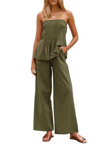 Tankaneo Womens 2 Piece Outfits Summer Strapless Tube Tops Wide Leg Pants Vacation Pleated Matching Lounge Se