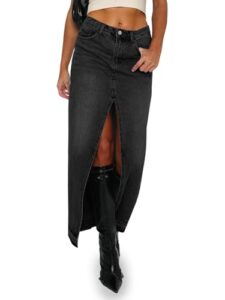 Fisoew Women's Long Denim Maxi Skirts High Waisted Frayed Hem Western Split Jean Skirt Streetwea