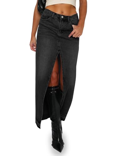 Fisoew Women's Long Denim Maxi Skirts High Waisted Frayed Hem Western Split Jean Skirt Streetwea