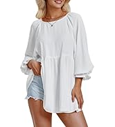 EXLURA Womens Dressy Casual Blouses Ruffle Long Sleeve Swiss Dot Babydoll Peplum Top Round Neck F...