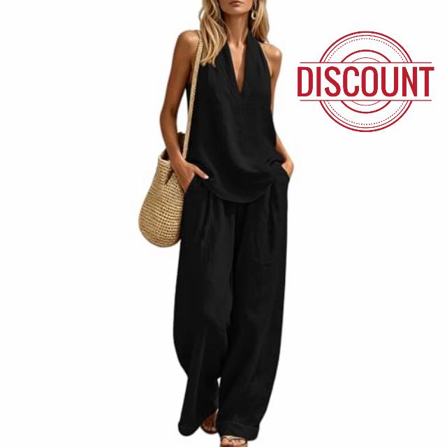 Womens Boho Linen 2 Piece Sets Summer Sleeveless Halter V Neck Tank Top Wide Leg Pants Matching Lounge Outfits 2026