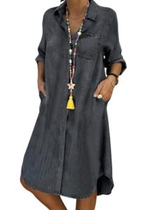 utcoco Denim Dress for Women 2025 Casual Loose Long Sleeve Classic Vintage Button Down Jean Shirt Dresses with Pockets
