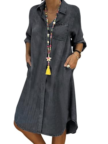 utcoco Denim Dress for Women 2025 Casual Loose Long Sleeve Classic Vintage Button Down Jean Shirt Dresses with Pockets