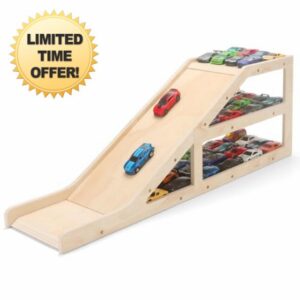 Wooden Toy Car Garage Display Case and Parking Rack with Ramp - 3-Tier Toy Car Storage Shelf Holds 60+ 1/64 Scale Diecast Cars - DIY Paintable Wooden Organizer Compatible with Hot Wheels & Matchbox