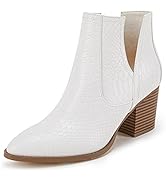 Huiyuzhi Womens Ankle Boots Slip on Cutout Pointed Toe Snakeskin Chunky Stacked Mid Heel Bootie