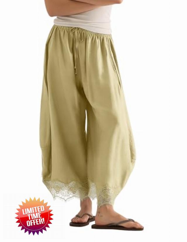 PUWEI Women's Cropped Lace-Hem Pants High Waisted Drawstring Wide Leg Pants Casual Lightweight Trousers with Pockets