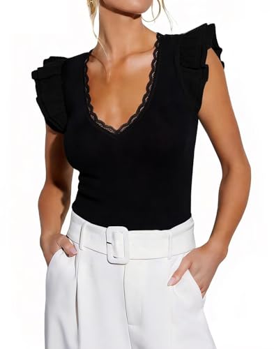 BONITEE Women Summer Ruffle Tops Sexy Deep V Neck Short Sleeve Shirts Trendy Casual Ribbed Slim Fitted Knit Tees Blouse