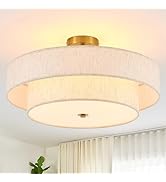 Widluth Modern 18" Semi Flush Mount Ceiling Light Fixture, 3-Light Black Linen Drum Ceiling Light...