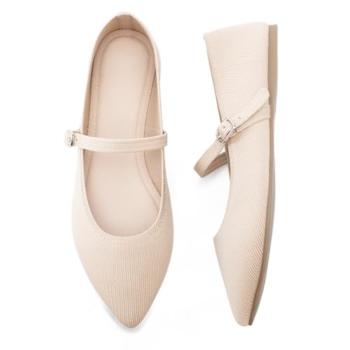 Soesyi Pointed Toe Flats Knit Ballet Flat Shoes for Women Comfortable with Adjustable Strap