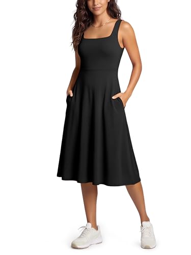 ODODOS Square Neck Midi Dress with Pockets for Women Summer Casual Sleeveless Sundress Flare Tank Dress