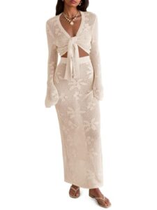 Saodimallsu Womens Crochet Swim Cover Up 2 Piece V Neck Long Sleeve Wrap Tie Crop Tops Beach Boho Maxi Coverup Se