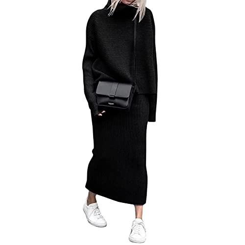 chouyatou Women's Turtleneck 2 Piece Outfits Ribbed Knit Sweater Midi Pencil Skirt Se