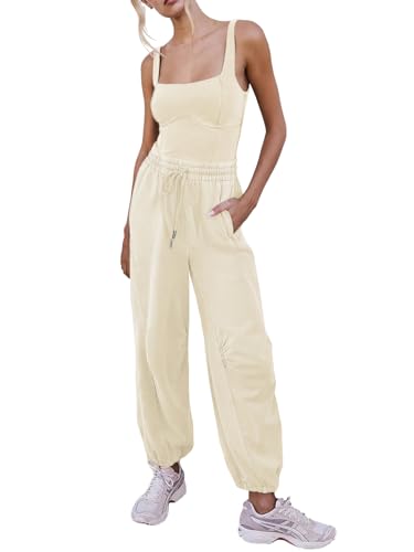 Outfeel Women's Sleeveless Summer Jumpsuit Square Neck Drawstring Waist Long Romper Jumpers 2026 with Pockets
