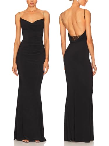 Capuffy Women Drape Neck Formal Maxi Dresses Lace Backless Cocktail Party Dress Spaghetti Straps Mermaid Evening Gown 221