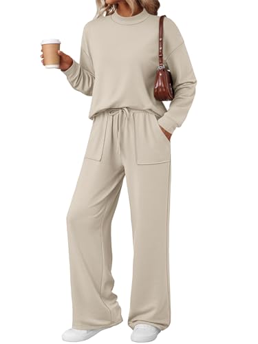 LILLUSORY Womens Two Piece Lounge Sets Mock Turtleneck Tops Wide Leg Drawstring Pants Sweatsuit with Pockets