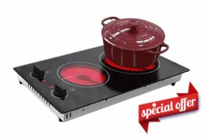 Electric Cooktop 2 Burners Electric Stove 12 Inch Ceramic Cooktop Knob Control Countertop & Built-in 9 Heating Level