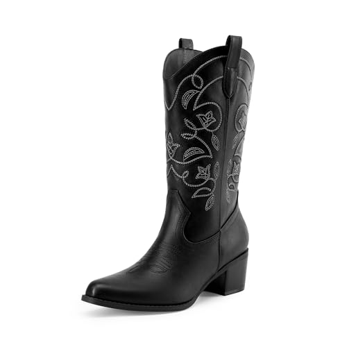DREAM PAIRS Cowboy Boots for Women Cowgirl Western Boots Fashion Embroidery Stitched Chunky Heel Mid Calf Boots