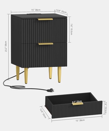 2 Drawers Modern Bedside Table with USB Ports and Outlets