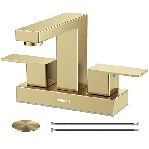 Hurran 4 inch Brushed Gold Bathroom Faucets for Sink 3 Hole with Pop-up Drain and Supply Lines