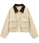 Megfie Women's Cropped Jacket Lightweight Casual Zip Up Oversized Outerwear Drawstring Waist Stan...