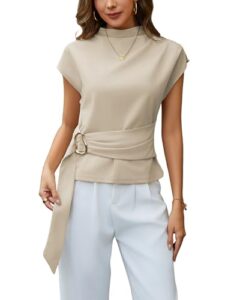 Yeokou Women Buckle Tie Top Stand Collar Belted Short Sleeve Elegant Dressy Spring Summer Business Casual Party Blouse
