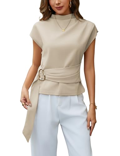 Yeokou Women Buckle Tie Top Stand Collar Belted Short Sleeve Elegant Dressy Spring Summer Business Casual Party Blouse
