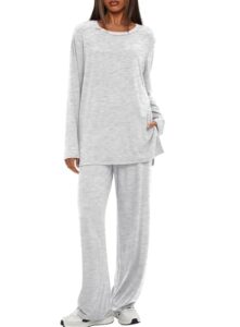 Darong Women's 2 Piece Lounge Set Casual Long Sleeve Crew Neck Tops Wide Leg Pants Travel Airport Outfit Matching Sets