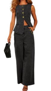 loveimgs Women 2 Piece Denim Set Button Sleeveless Jean Vest Denim Top Y2k Shirt Wide Leg Jeans Palazzo Pants Outfits