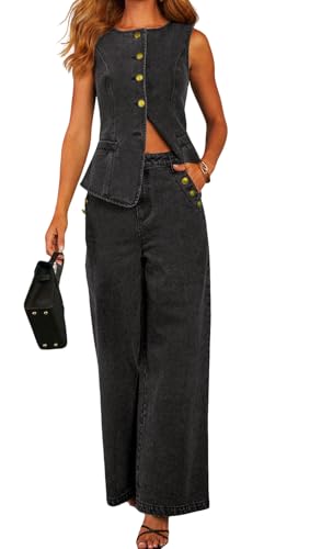 loveimgs Women 2 Piece Denim Set Button Sleeveless Jean Vest Denim Top Y2k Shirt Wide Leg Jeans Palazzo Pants Outfits