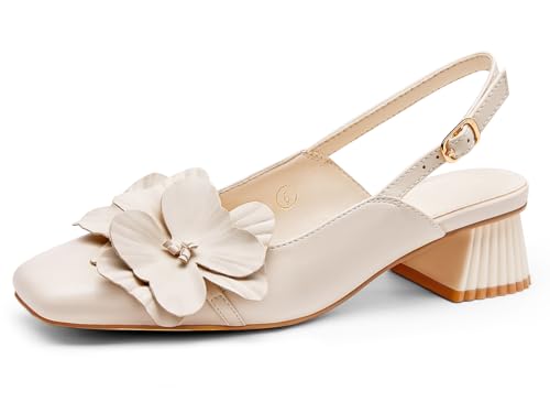 Coutgo Womens Slingback Chunky Heels Flower Closed Square Toe Pumps Work Dress Shoes（Choose a Size up）
